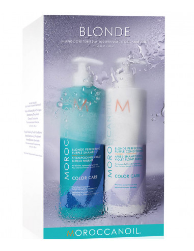 Moroccanoil Blonde Perfecting Duo fioletowy zestaw do włosów blond i siwych | szampon 500ml, odżywka 500ml